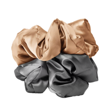 Load image into Gallery viewer, Kitsch Charcoal &amp; Gold Satin Pillow Scrunchies
